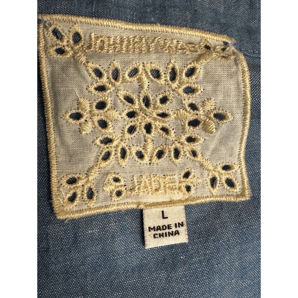 Johnny Was Laguna Pieced Dress Sz Lg Blue Chambray Tunic Lace Trim Bohemian Fall - Picture 12 of 16